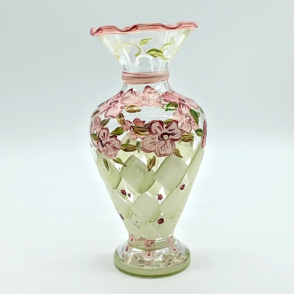 Tracy Porter Hand-Painted Green Pink Floral Glass Bud Vase